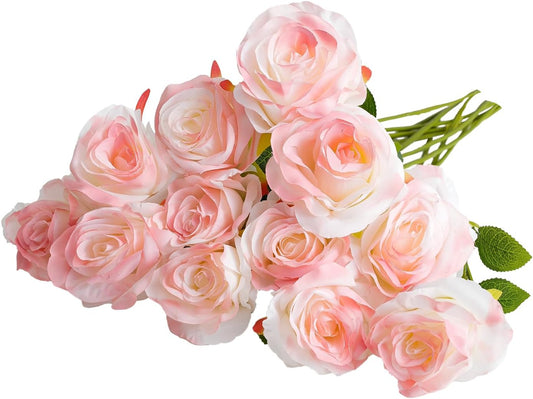 Rose Pink Artificial Roses Fake Flowers Not Bend The Peduncle with Stems for DIY Wedding Bouquets Bridal Shower Centerpieces Arrangements Tables Decorations 24pcs