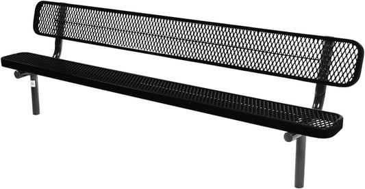 Coated Outdoor Furniture Heavy-Duty Outdoor Bench Thermoplastic Coated, Expanded Metal, Commercial-Grade Seating, Made in America (Inground with Back, 8 Ft, Black)