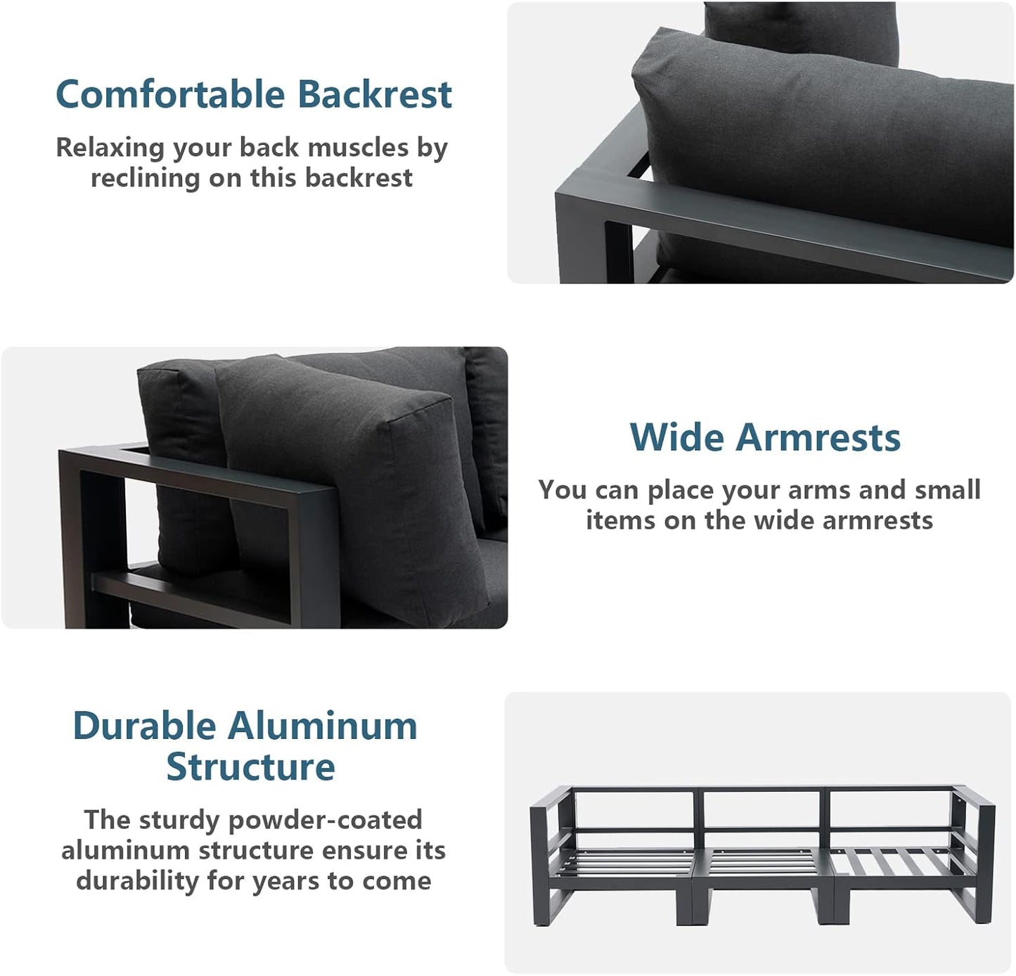 Outdoor Conversation Set 5 Pieces Aluminum Patio Furniture Outdoor Modular Sectional Sofa Set with Armchairs for Garden,Backyard,Dark Grey Cushions