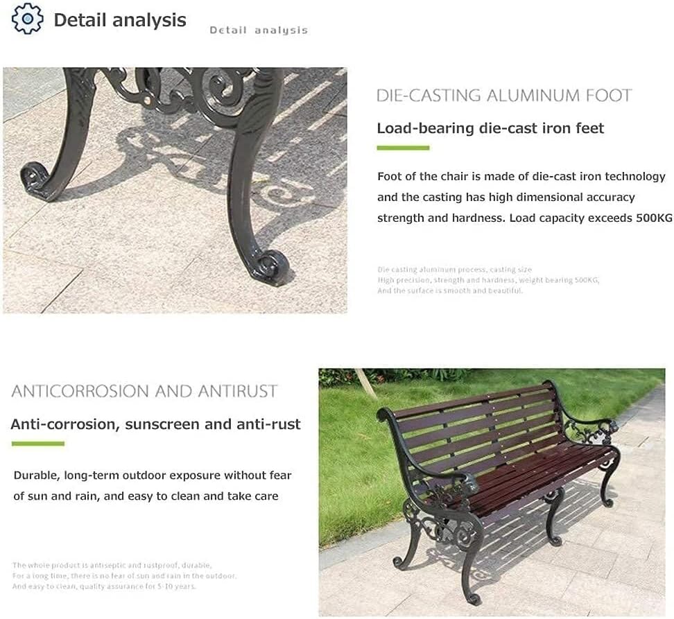 Outdoor Bench, Porch Bench, Garden Park Bench, Cast Aluminum Preservative Wood Bench with Backrest and Armrests for 2-3 People Porch/Deck/Patio Furniture(Teak+Black Legs,125CM)