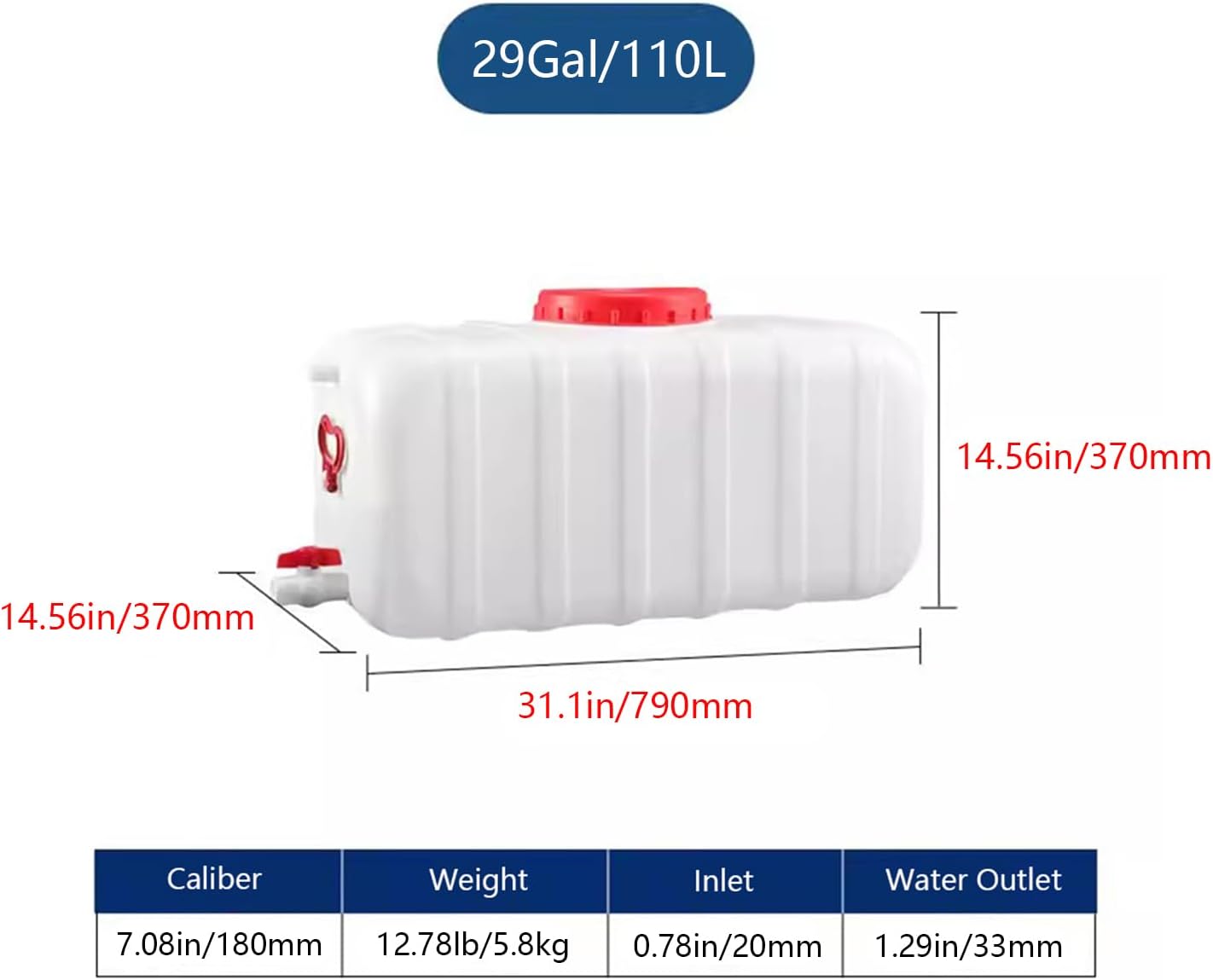 Plastic Water Storage Carrier with Tap 25L/35L/50L/80L/110L/200L Water Tank Dispenser Emergency Water Container for Camping Caravan Hiking Outdoor(Size:29Gal/110L)