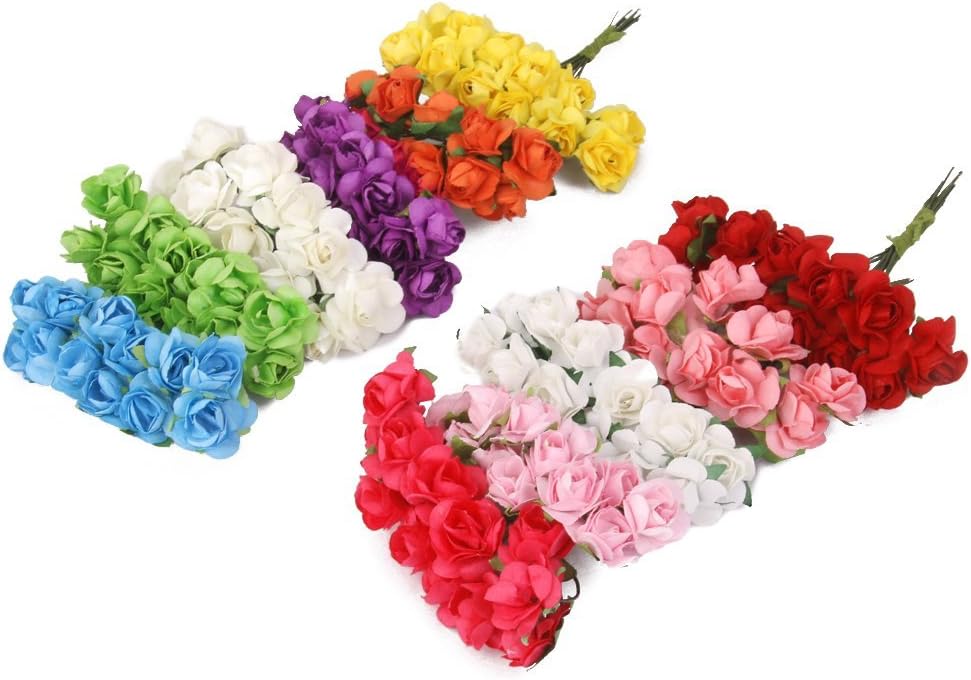 Mini Fake Rose Flower Heads 144pcs Mini Artificial Mulberry Paper Roses Flower with Wire Stem DIY Wedding Flowers Accessories Make Bridal Hair Clips Headbands Dress (Orange)