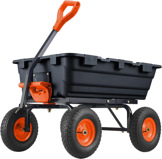 900 Lbs Poly Garden Dump Cart, Heavy-Duty Wheelbarrow with 10-Inch Tires, 180° Rotating Handle, Steel Frame and Quick Release System Garden Dump Cart for Soil Plants Gardening Tools Wood