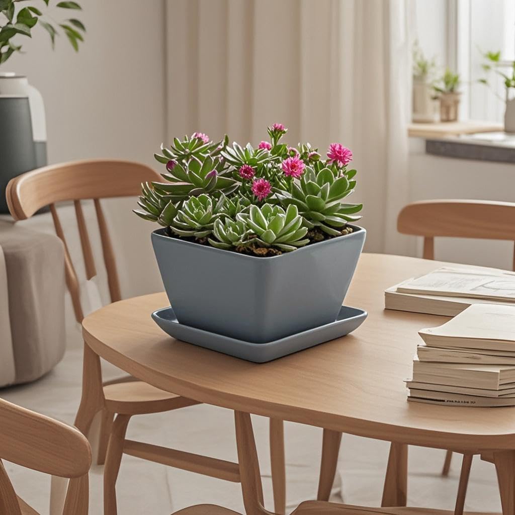 Square Plant Saucer 8 Inch 2 Pack，Plant Trays for Pots, Gray Ceramic Plant Saucers for Indoors Outdoors, Plant Drip Tray 4 6 8 10 12 14 Inch