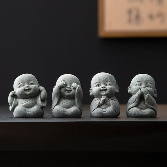 Laughing Buddha Statue Decor - 4Pcs Small Zen Monk Sandstone Buddha Sculpture for Wealth Good Luck Feng Shui Decor, Cute Zen Decoration for Home Office Desk Indoor and Outdoor(Gray)