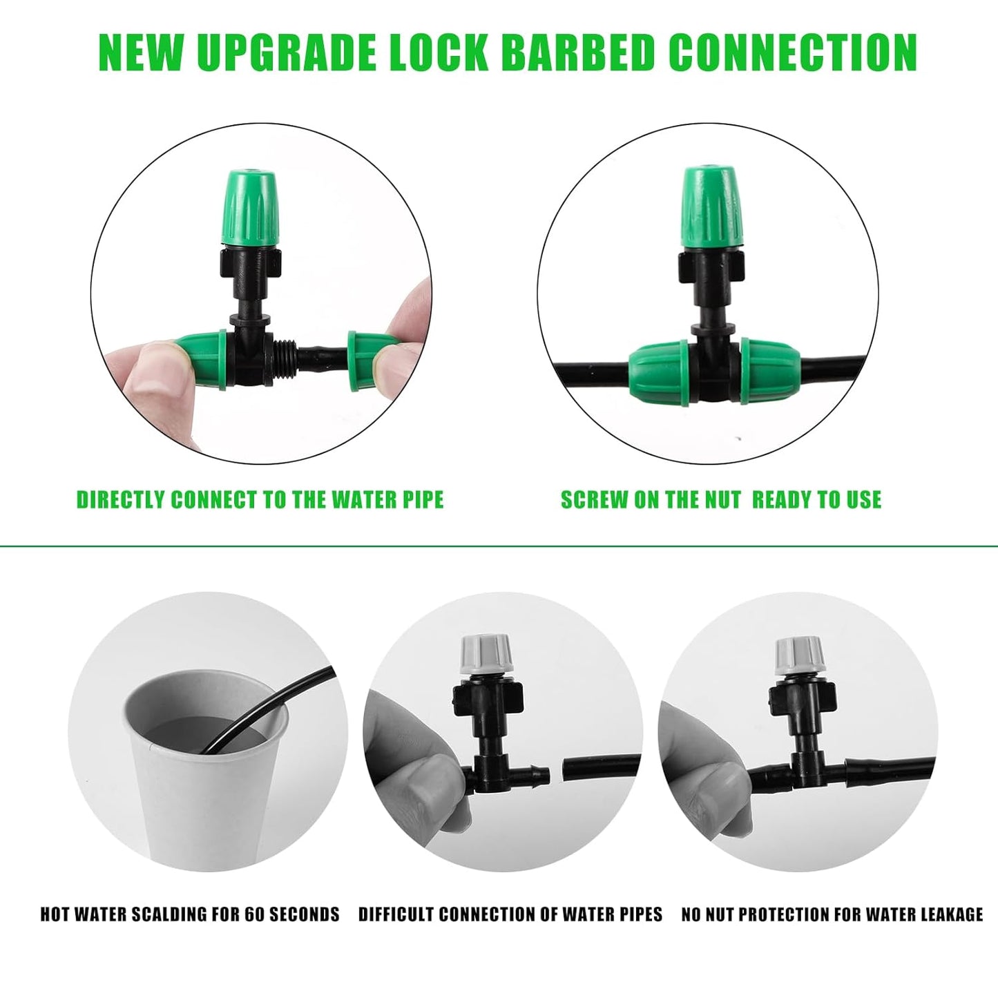 Misting Cooling System with 20 Adjustable Nozzles.20 Lock Barbed 6mm to 1/4 Inch Tee, 5 Lock Barbed End Plugs for Greenhouse Lawn Raised Bed