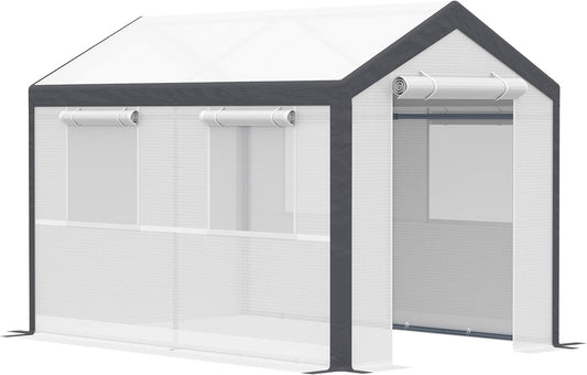 Outsunny 10' x 7' x 7' Greenhouse, Walk-in Outdoor Tunnel Green House with PE Cover, Steel Frame, 2 Roll-Up Zipper Doors & 4 Windows for Flowers, Vegetables, Tropical Plants, White