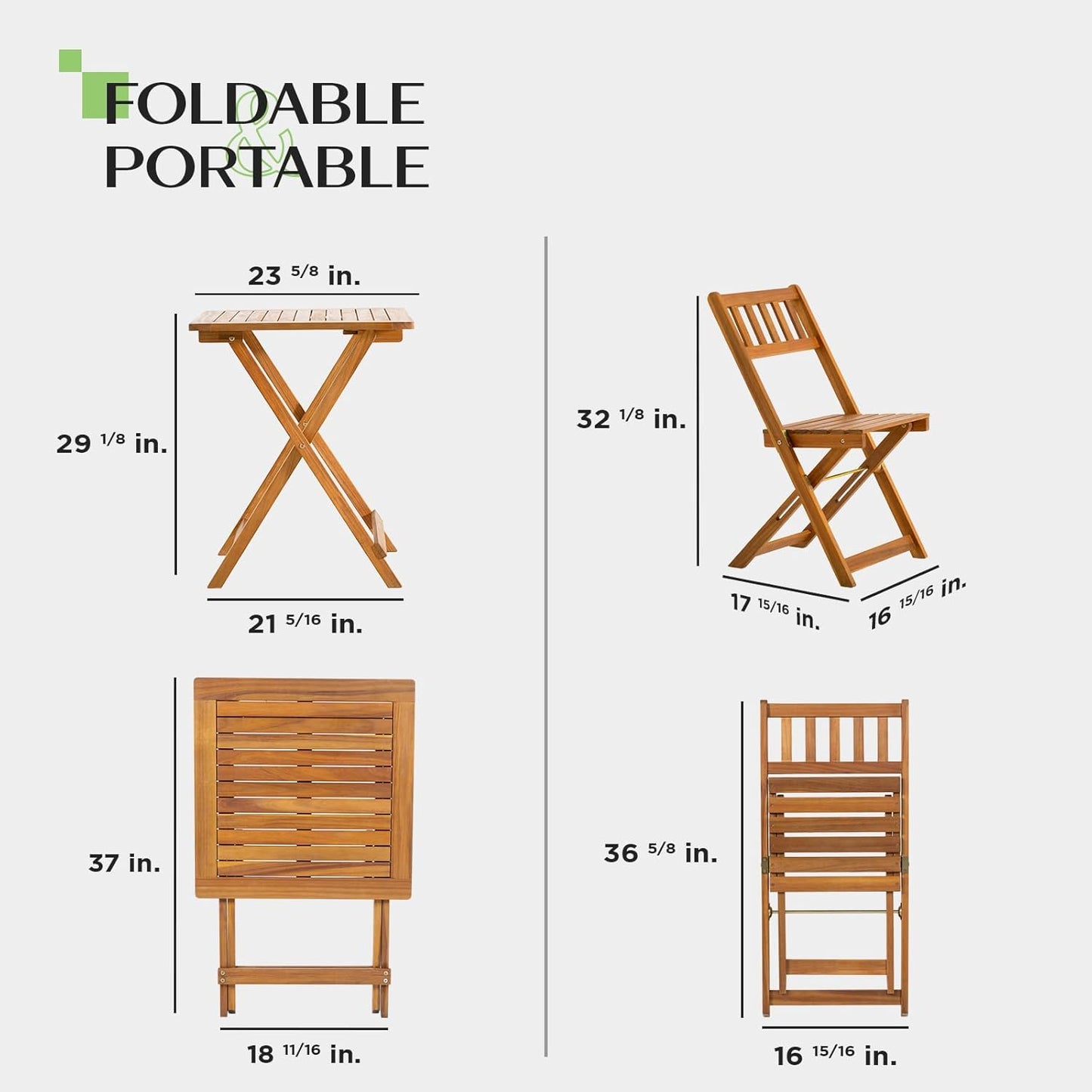 IDZO Heavy Duty 400lbs Capacity Patio Bistro Set 3 Piece Outdoor, Folding Chairs w/Cushion, Square Table - Upgrate 2024