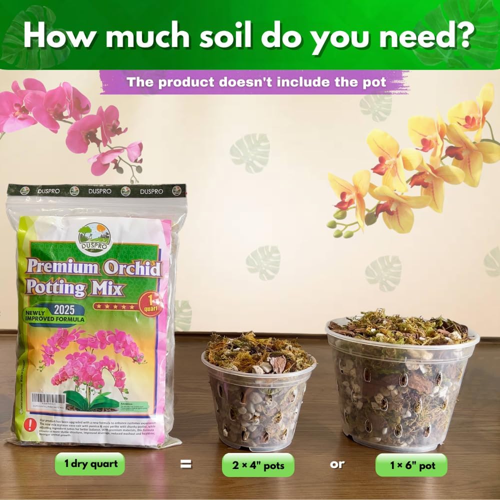 [Upgraded] DUSPRO Orchid Potting Mix for Repotting with Forest Moss, Pine Bark,Perlite & Pumice,Orchid Bark Potting Mix,Orchid Repotting Soil, Drainage Indoor Potting, Orchid Pot Not Included,1 Quart