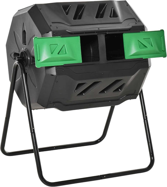 Compost Bin Outdoor, 43 Gallon Dual Chamber Tumbling Composting with Sliding Doors, Large Compost Tumbler, Compost Bin for Garden, Kitchen, and Yard Waste, Black+Green