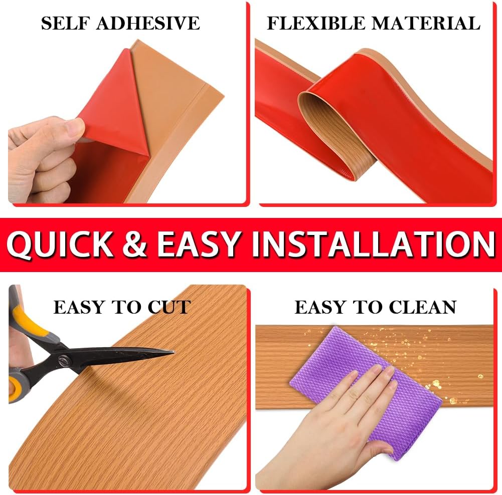Vinyl Wall Base Baseboard Molding Trim 6" Flexible Self Adhesive Rubber Wall Base Moulding Trim Peel and Stick Design, 6 Inch x 40 Feet, Yellow Wood