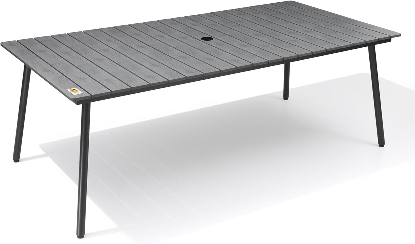 Outdoor Dining Table for 6-8, 82.7 inch Patio Dining Table with Wooden-Like Top and Aluminum Frame, Rectangular Table with Umbrella Hole Outdoor Furniture, Grey