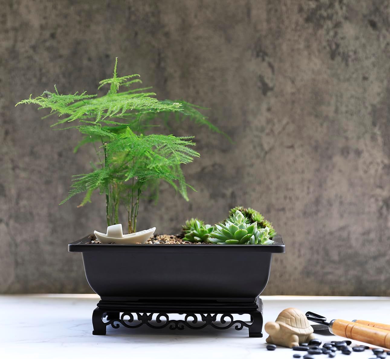 Bonsai Pot - 2-Pack 9 Inch Training Pot With Elegant Stand - Antique Brown Pots With Mesh Drainage - Luxurious Indoor Tree Pots Made With Recycled Plastic