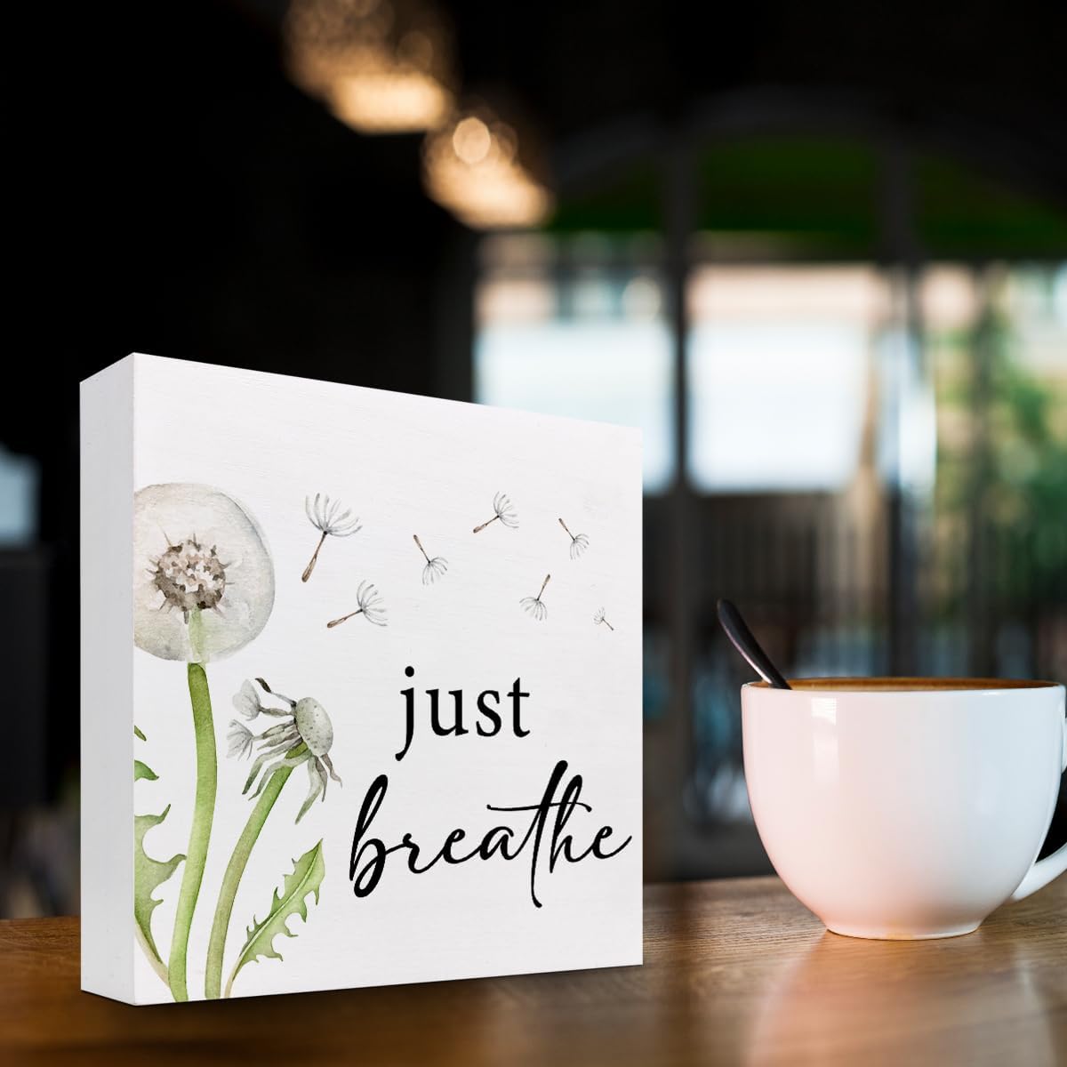 Z-Crange Just Breathe Dandelion Wood Block Sign, Rustic Wooden Plaque for Home, Bedroom, Meditation Space, Office, Shelf, Table Decor