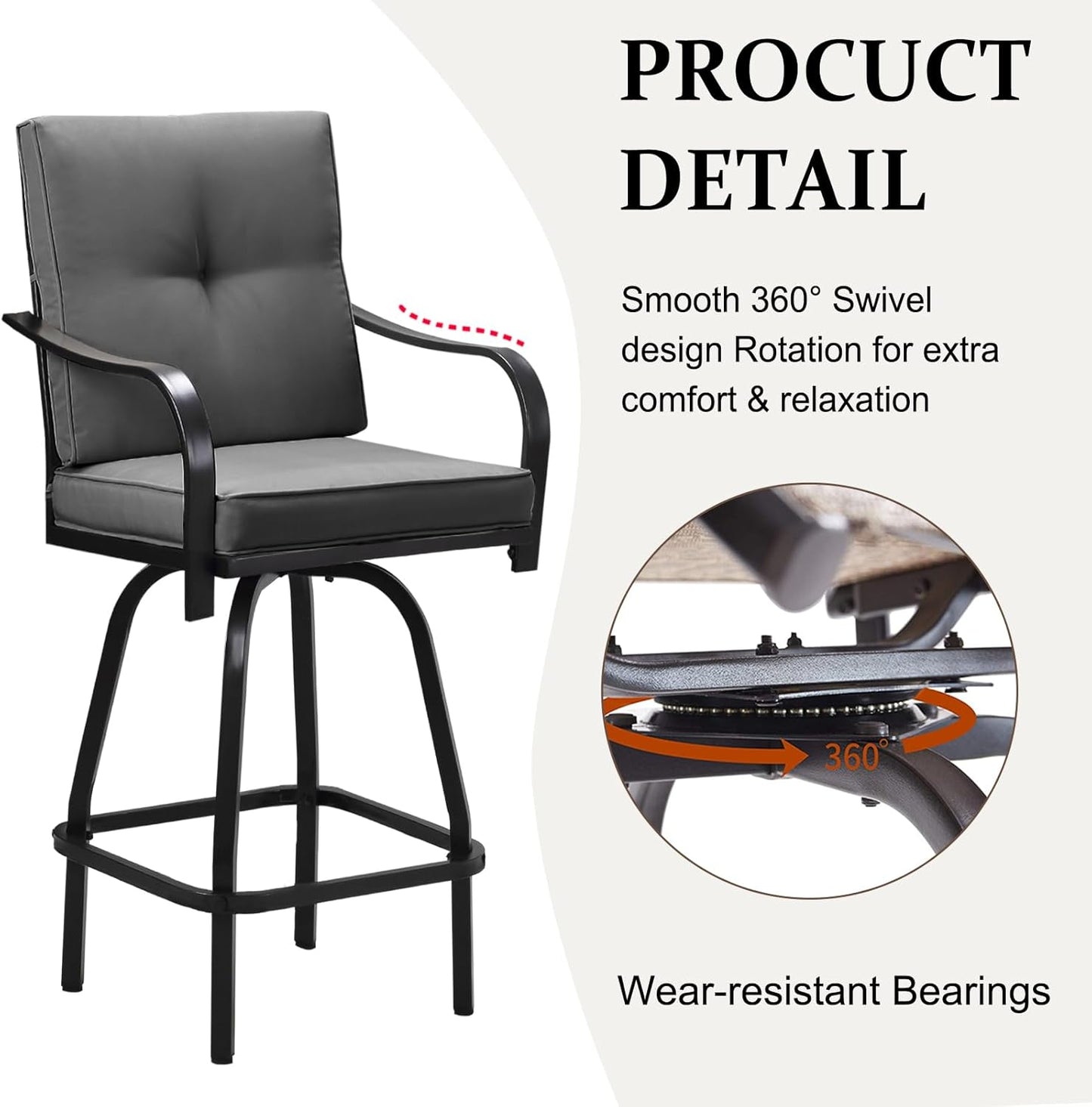 Patio Swivel Bar Stools, Outdoor High Back Swivel Bar Stool Chair Set of 2 with Cushion & All Weather Steel Frame, Dark Gray