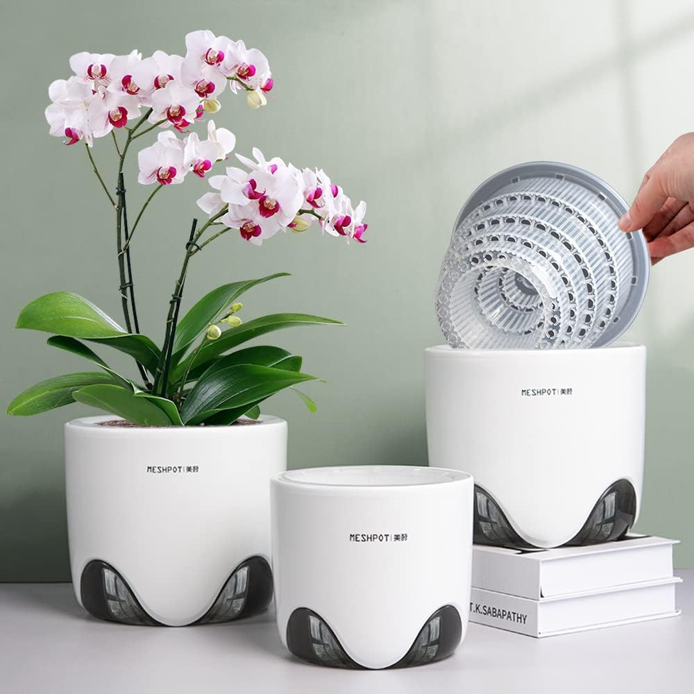 5 inch Orchid Pots with Holes for Repotting with Excellent Airflow, Set of 1, Double Layer Plastic Imitate Ceramic Orchid Planter, Clear Orchid Pot Match Decorative Orchid Container