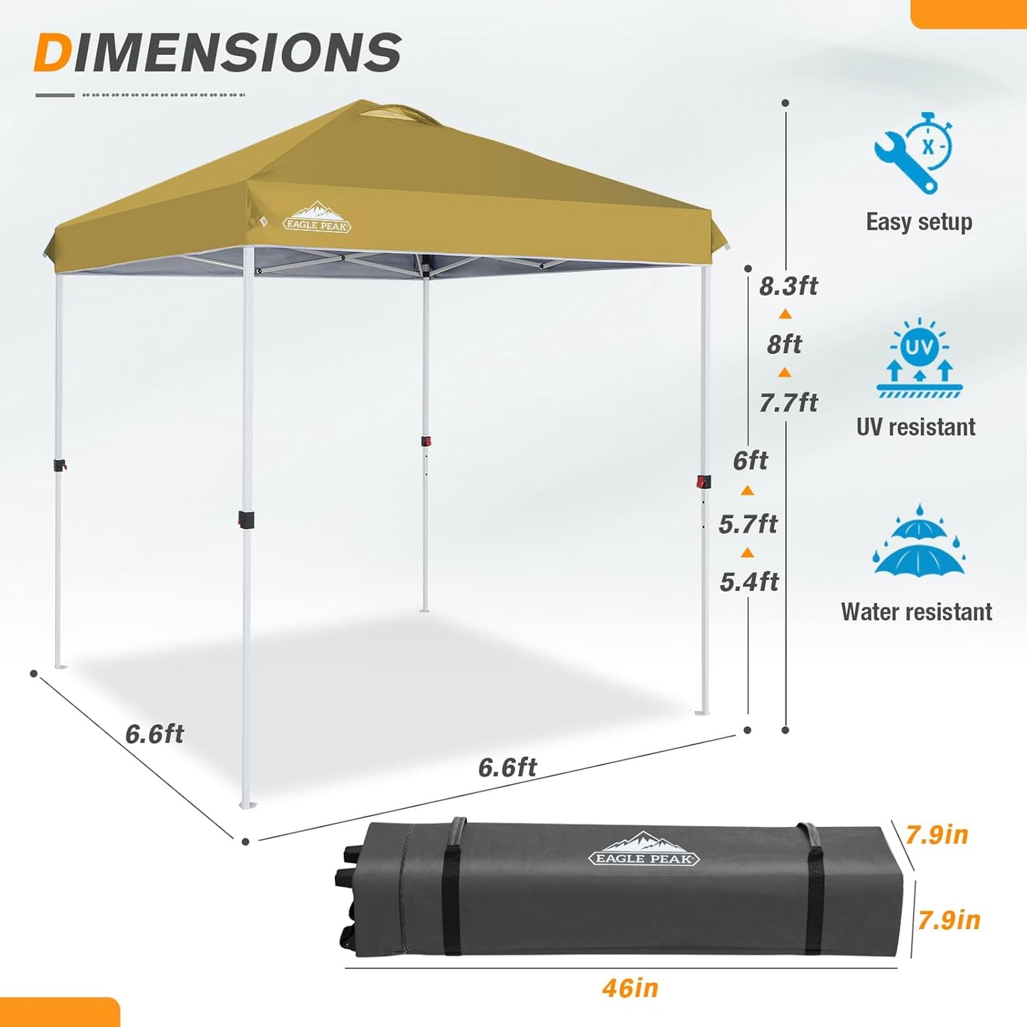 EAGLE PEAK Pop Up Canopy Tent with Wheeled Carry Bag, 8 Stakes, 4 Ropes, Easy Set Up Tent Canopy, 6.6x6.6 ft, Beige