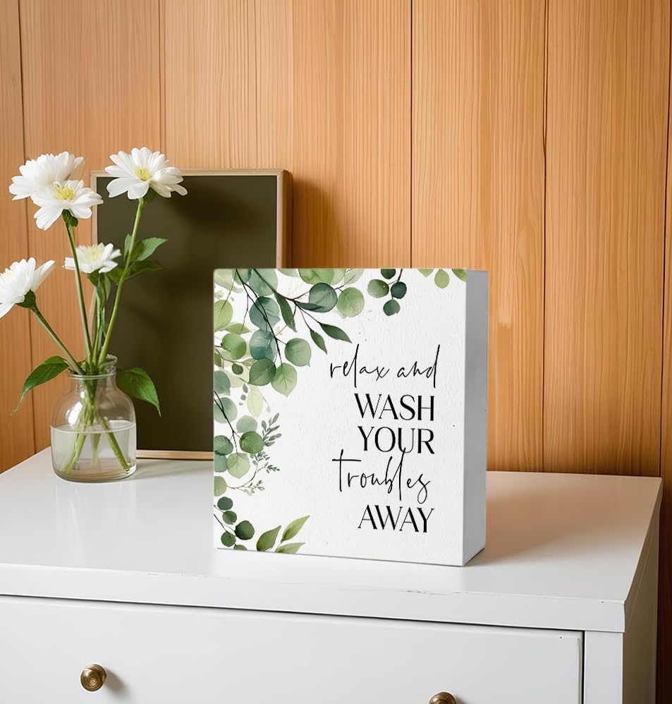 Funny Bathroom Signs, Wash Your Troubles Away Funny Bathroom Wooden Box Sign, Eucalyptus Botanical Wood Signs Plaque for Restroom Washroom Toilet Counter Shelf Table Decor, 5x5 Inch