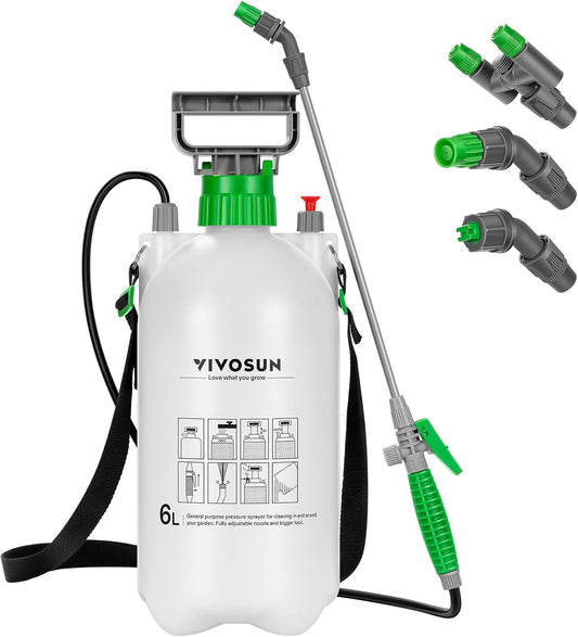 VIVOSUN Pump Sprayer 1.6 Gallon, Portable Water Spray Bottle for Lawn and Garden Yard, Weed Sprayer for Plants with 3 Nozzles, Adjustable Shoulder Strap, Pressure Relief Valve