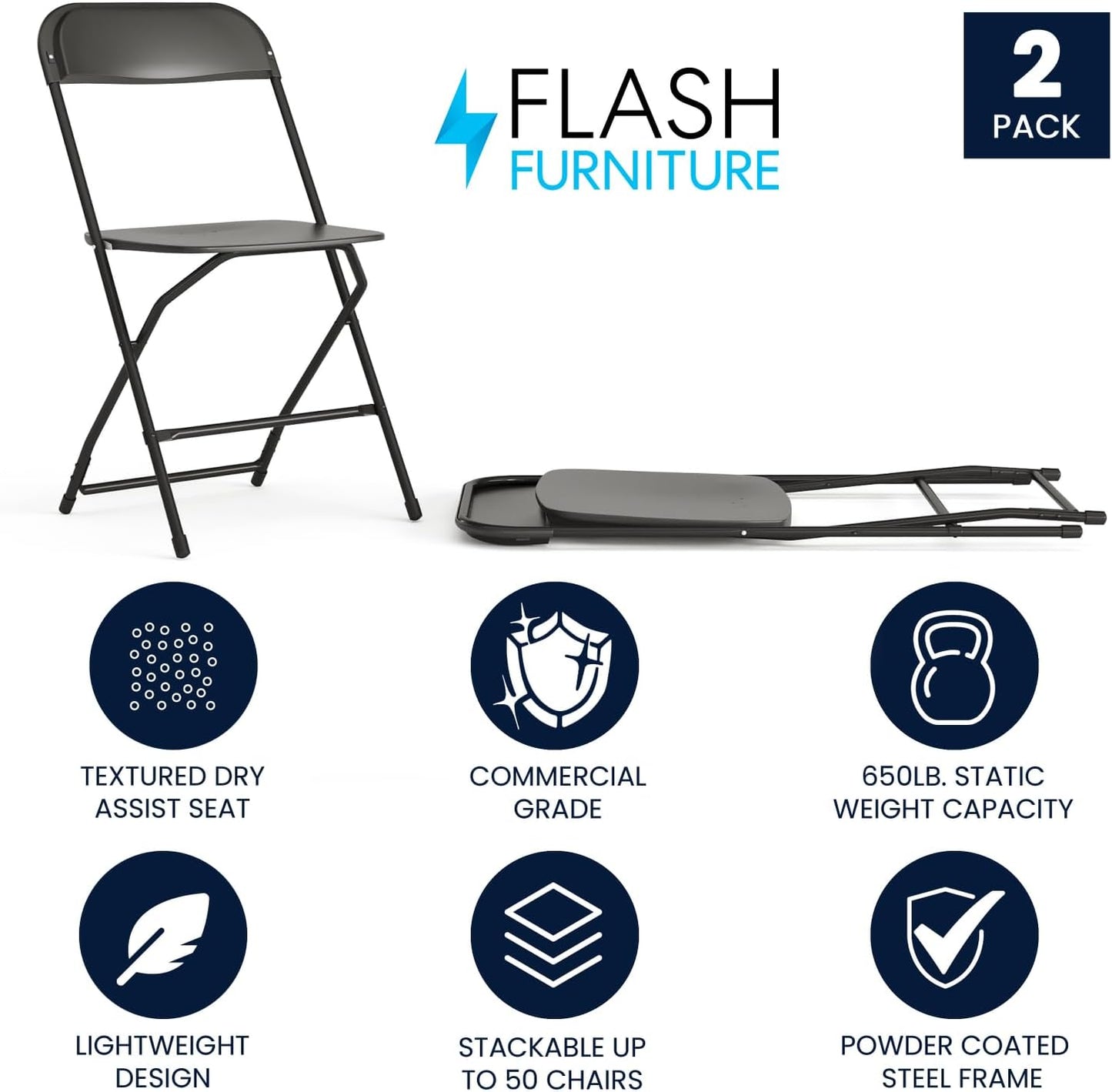 Flash Furniture Hercules Series Plastic Folding Chairs for Parties and Weddings, Stackable Commercial Event Seats with 650-lb. Static Weight Capacity, Set of 2, Black