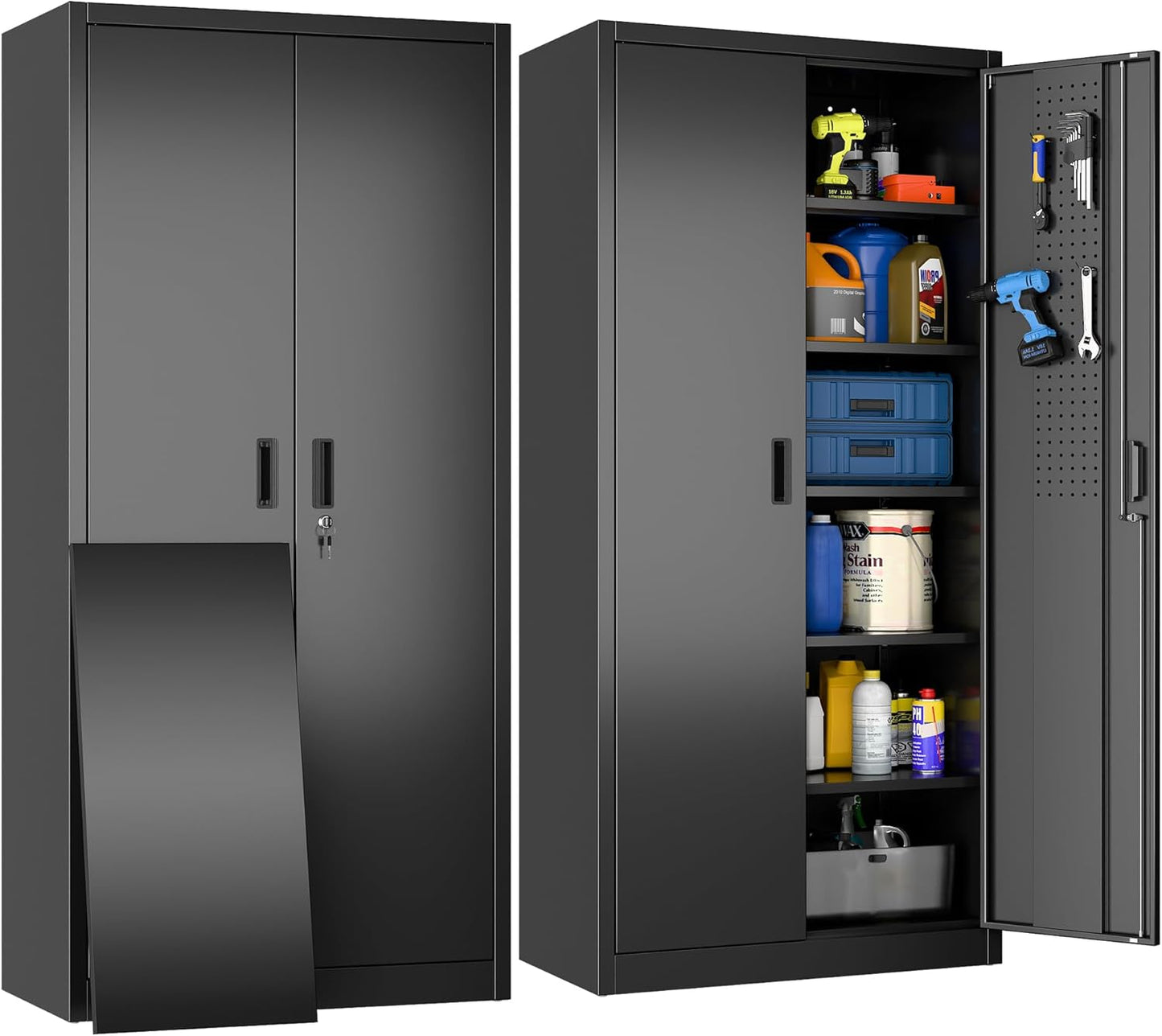 Metal Storage Cabinet, 71" H×34" W×18" D Garage Storage Cabinet with Pegboard, 5 Adjustable Shelves and 2 Doors for Garage Home Office, Lockable File Cabinet, Black, Assembly Required