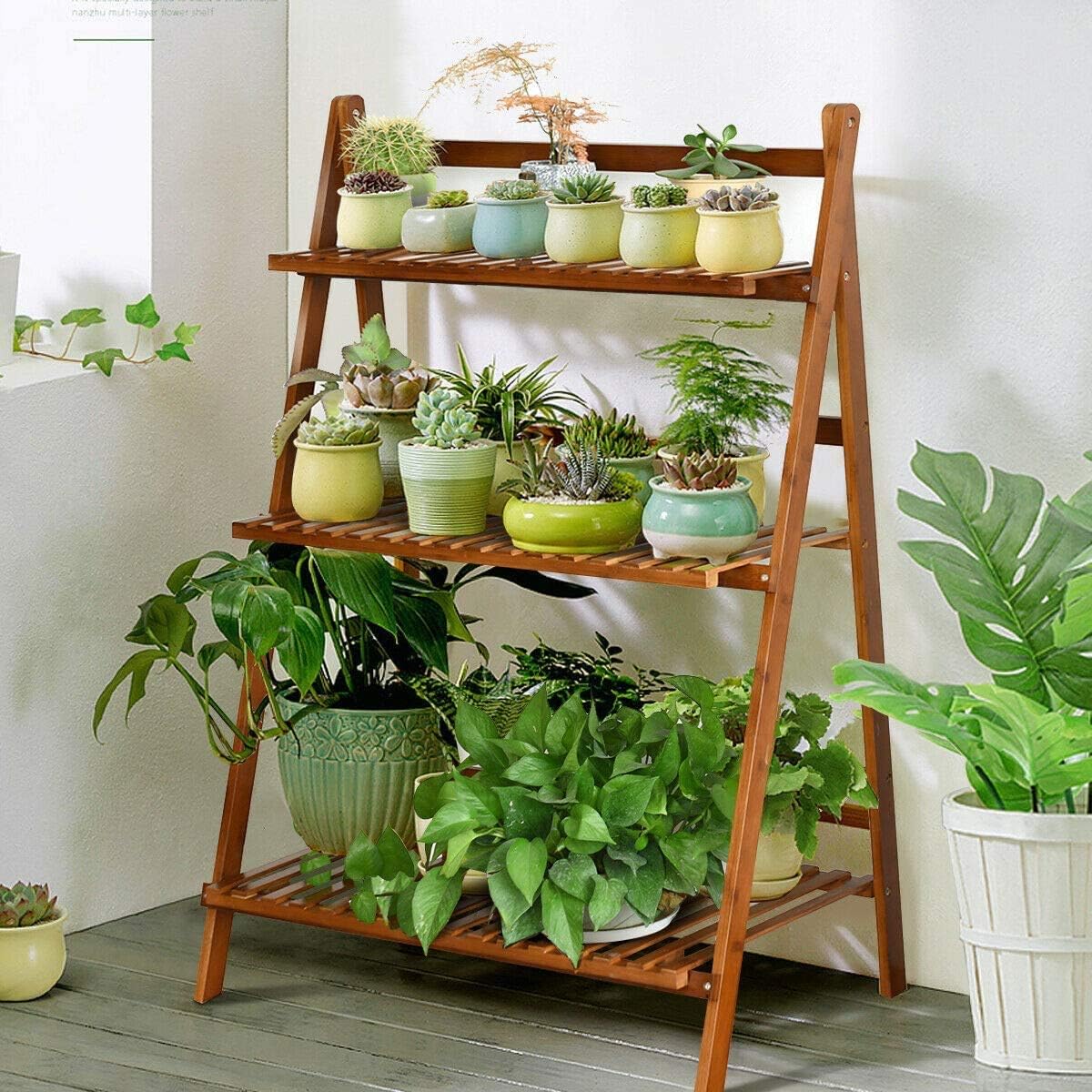 Giantex Folding Bamboo Plant stand, 3-Tier Flower Pot Rack Display Shelf, Foldable Plants Holder Organizer Storage Shelving for Patio Garden Balcony Home Indoor Outdoor (Brown)