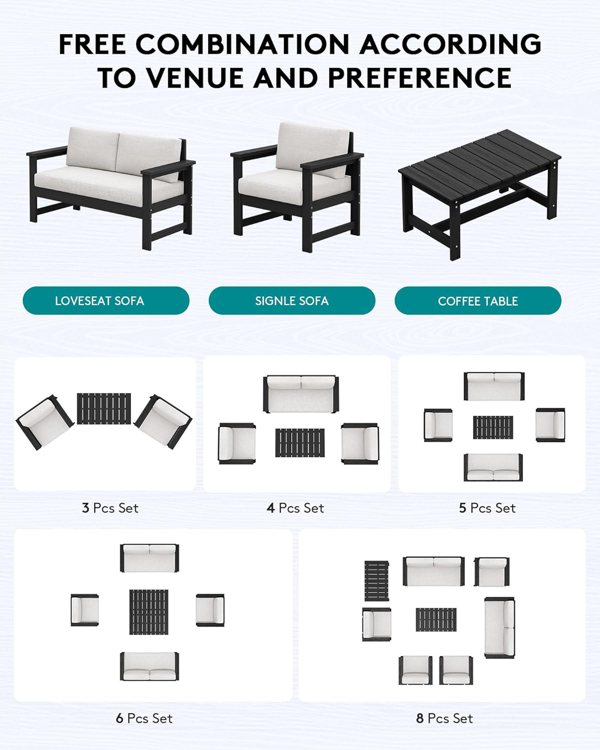 SERWALL 2 Pieces Single Cushioned Sofa Armchair, Black HDPE Adirondack Outdoor Sofa Lounge with Khaki Cushion