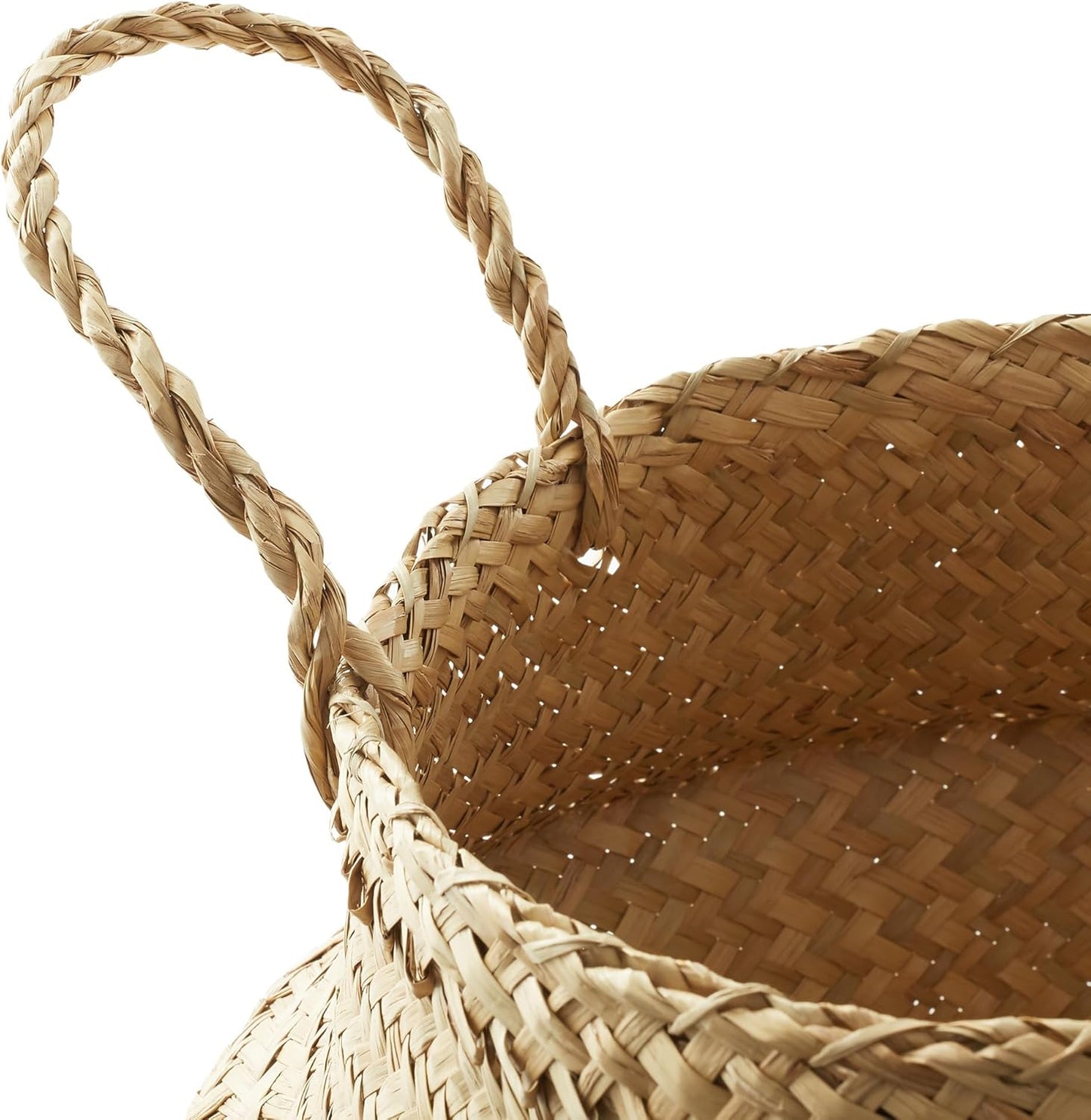 Casafield Seagrass Belly Storage Basket Planter with Handles - Medium, Natural Woven Wicker Indoor Plant Pot Cover for Plants and Trees