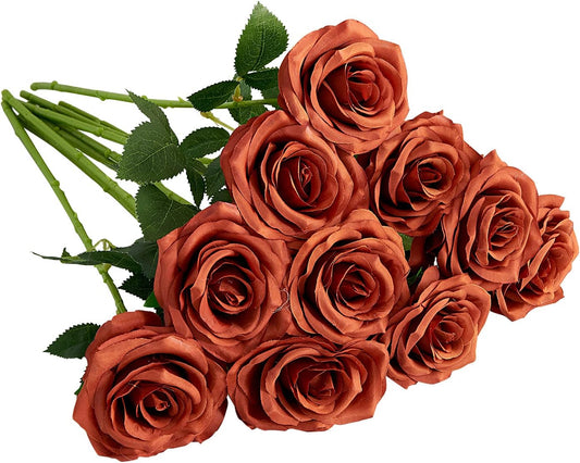 Artificial Rose 10pcs Open Flower Bouquet Faux Rose Stems for Wedding Arrangement, Bridal Bouquet, Centerpiece, Fake Faux Silk Flowers (Burnt Orange)