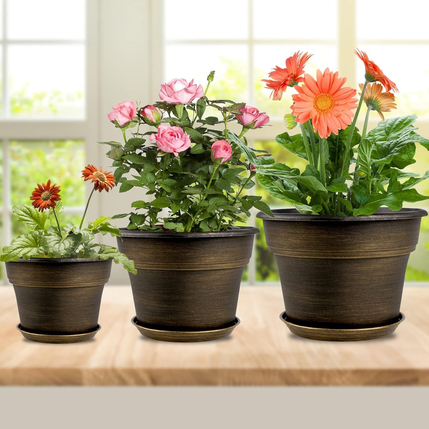 Plant Planters Pots Set of 4 Pack 8 Inch, Plastic Flower Pot for Indoor Plants with Drainage Holes & Trays, Resin Decorative Container Sets with Saucer for House Outdoor Garden Planters Dark Gold