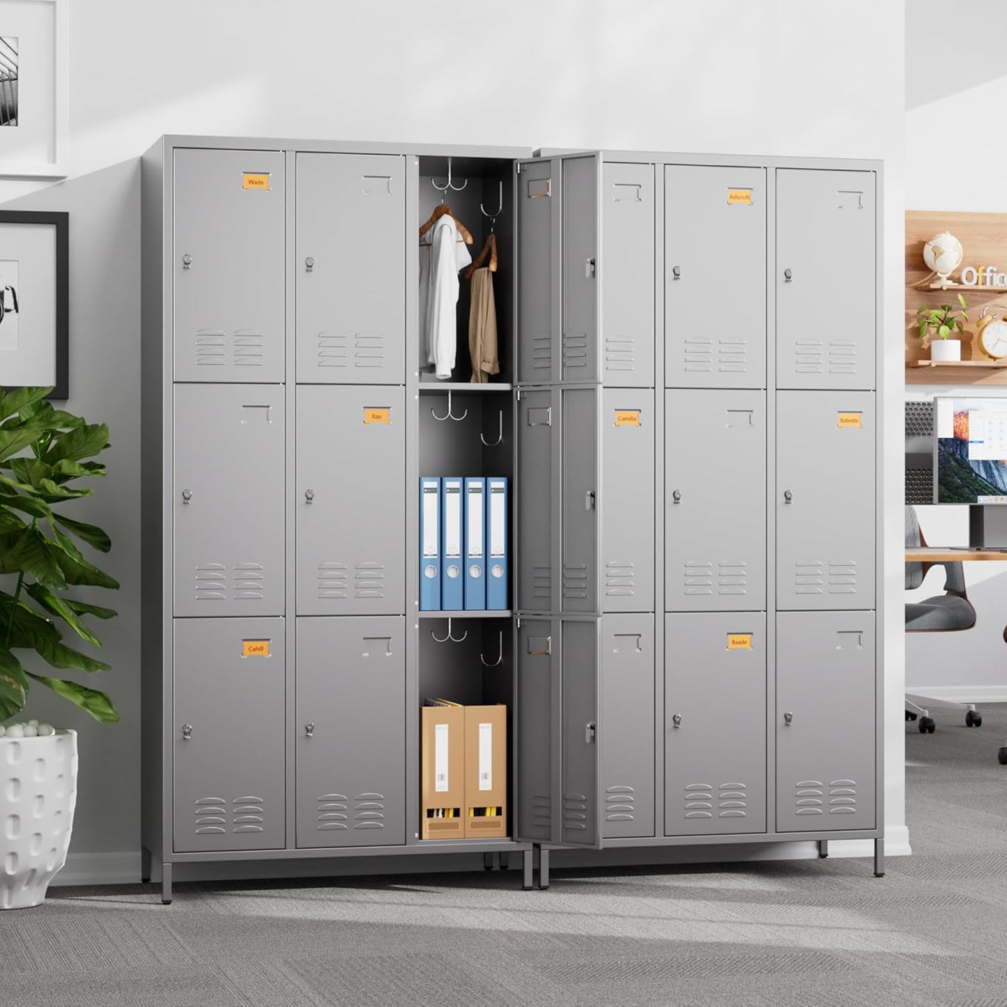 9 Doors Metal Lockers for Employees with 27 Hooks, Storage Locker with Business Card Holder for Office Gym School Bedroom, Assembly Required, Dark Gray