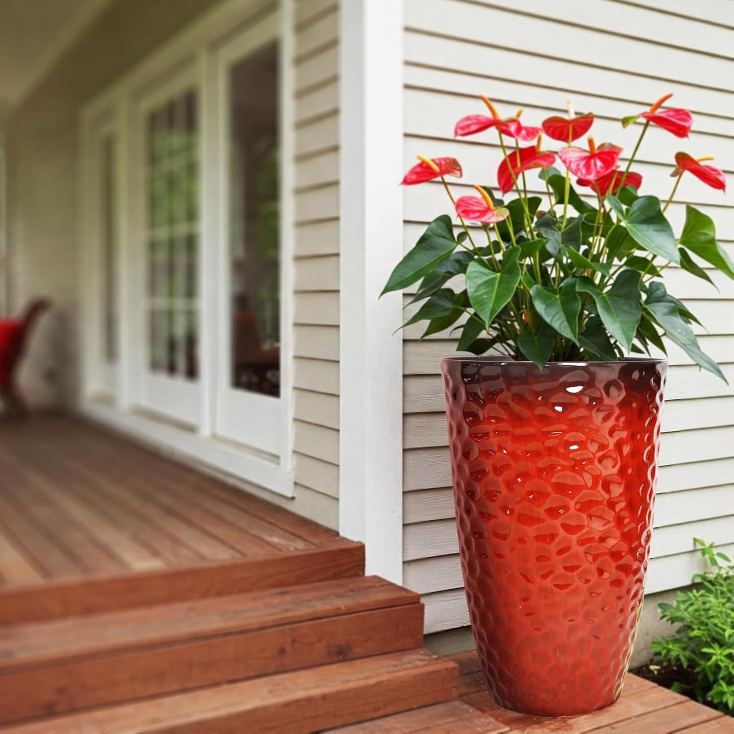 Worth Garden 14" Dia x 24" H Large Plastic Planters with Drainage Hole, Set of 2 Hammered Texture Red Glossy Smooth Finish, Tall Taper Round Decorative Flower Plant Pot for Indoor Outdoor, Front Porch