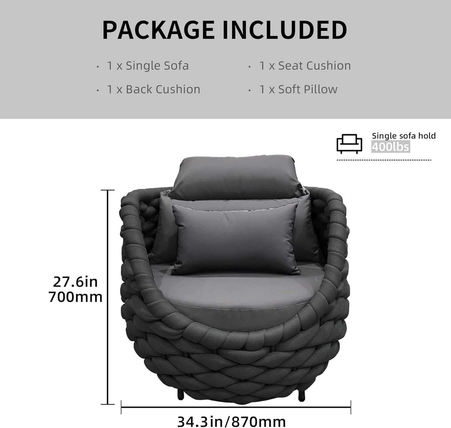 TWT Outdoor All-Weather Polyester Rope Balcony Couch with Cushions & Pillows, Perfect for Patio, Balcony, Backyard, Deck, Poolside, Dark Grey