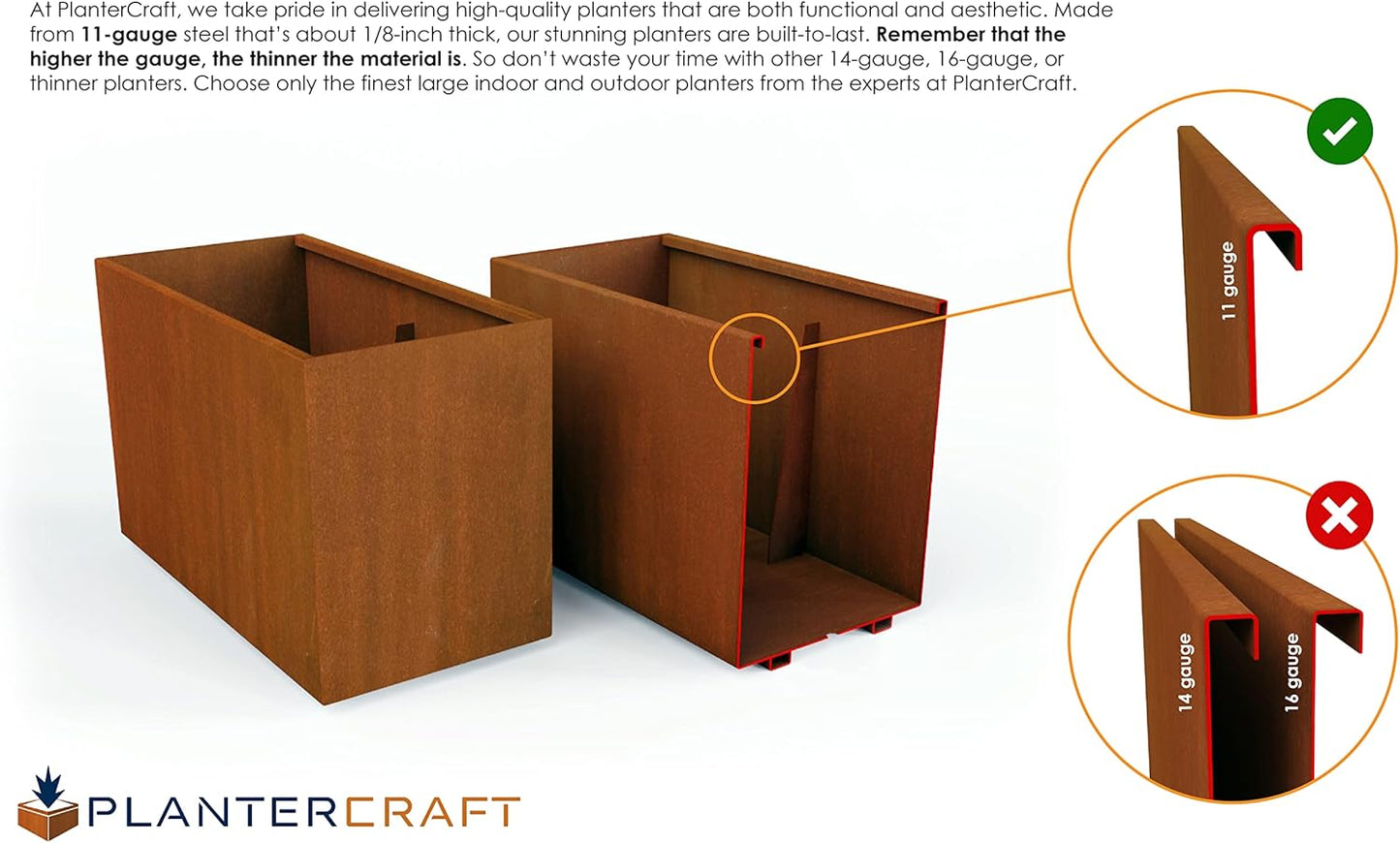 Large Rectangular Planter for Outdoor Plants – 36x12x24 Corten Steel Planter Box | Tall Metal Design for Privacy | Heavy Duty, Made in USA