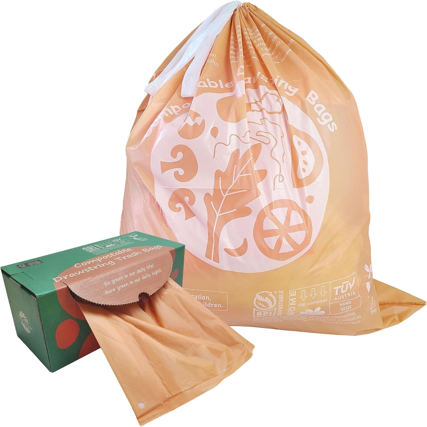 Compostable Trash Bags 13 Gallon, Drawstring Bin Bags, Heavy Duty Waste Bags, Extra Thick, Certified US BPI ASTM D6400, 49.2 Liter, 30 Counts