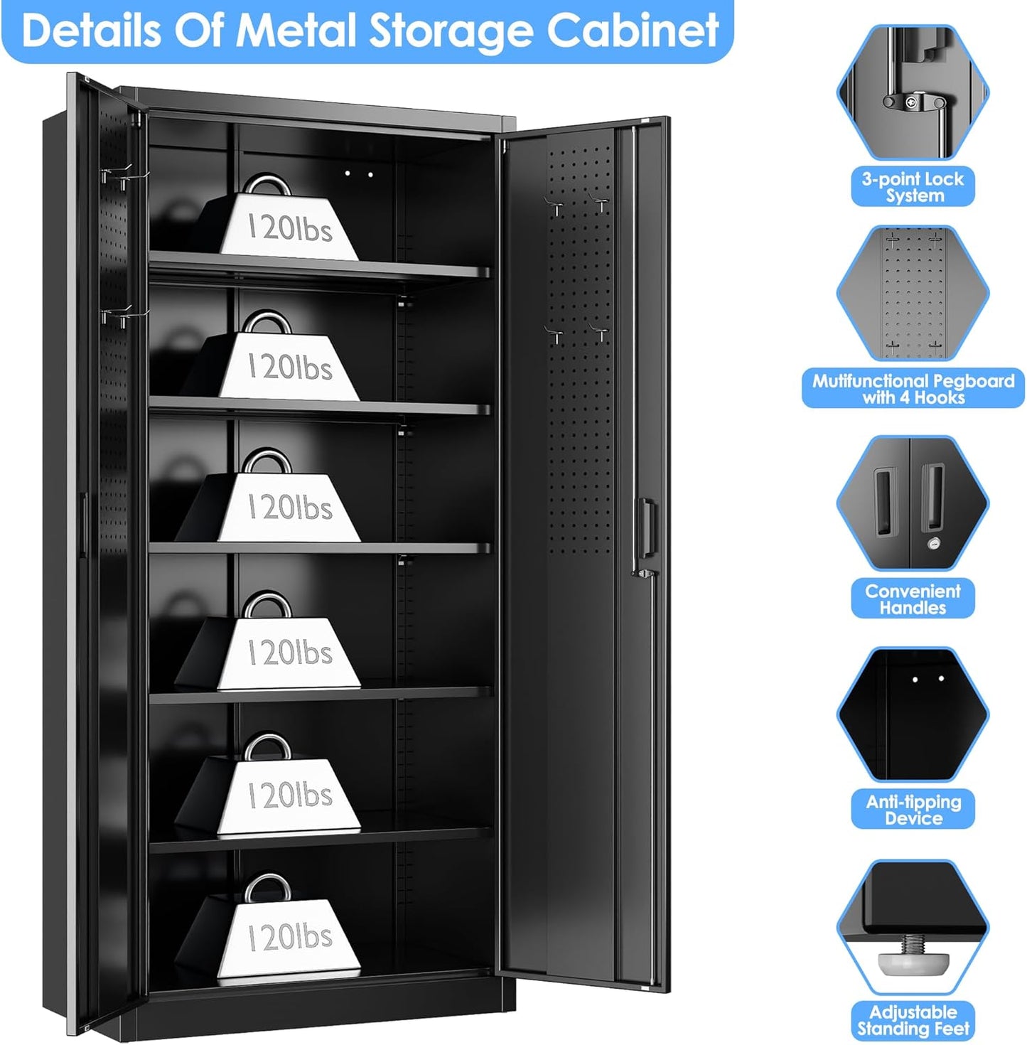 Metal Storage Cabinet, 71" H×34" W×18" D Garage Storage Cabinet with Pegboard, 5 Adjustable Shelves and 2 Doors for Garage Home Office, Lockable File Cabinet, Black, Assembly Required