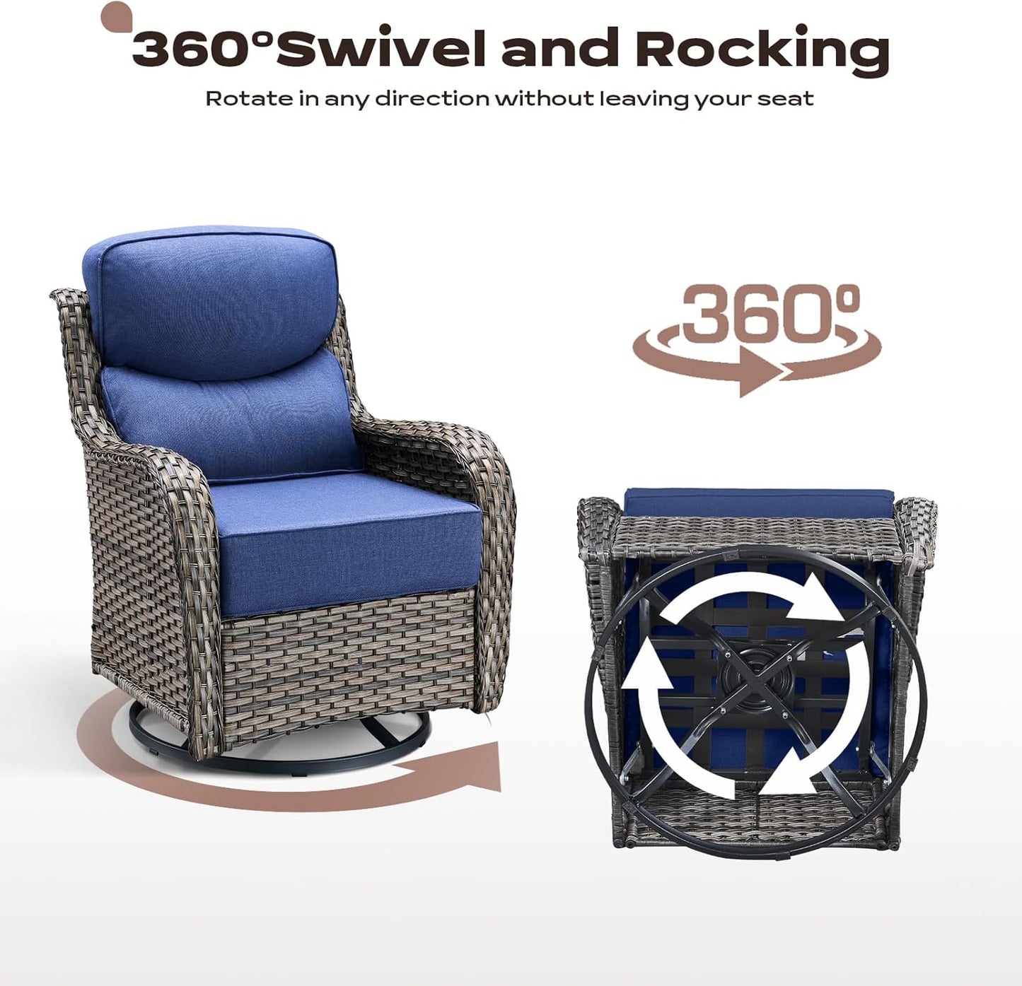 Wicker Outdoor Patio Furniture Set - 5 Piece Patio Conversation Sets with Swivel Rocker Chairs, Ottomans and Sofa, 6 inch Cushions, Waterproof Wicker, for Porch Deck Mixed Grey/Blue