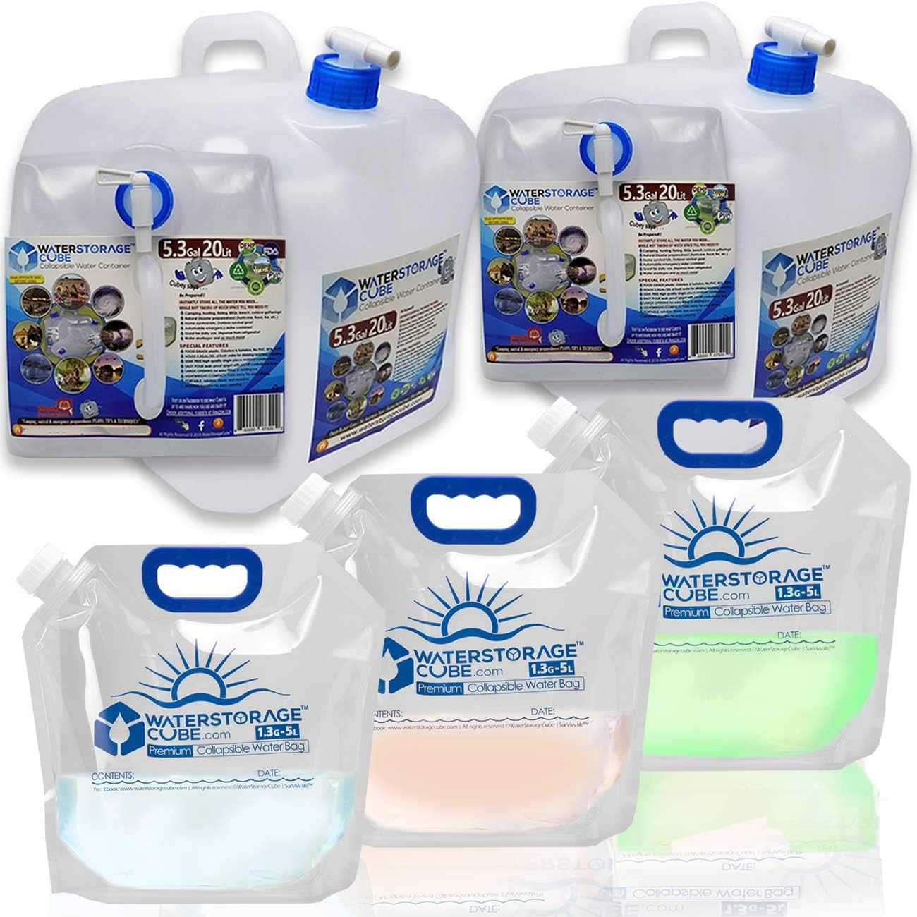 WaterStorageCube 3pc/5pc Premium Collapsible Water Container Bundle Cube + Bag, No BPA Camping Drink Storage Carrier Jug for Outdoors Hiking Backpack & Survival, No-Leak Foldable Portable & Freezable