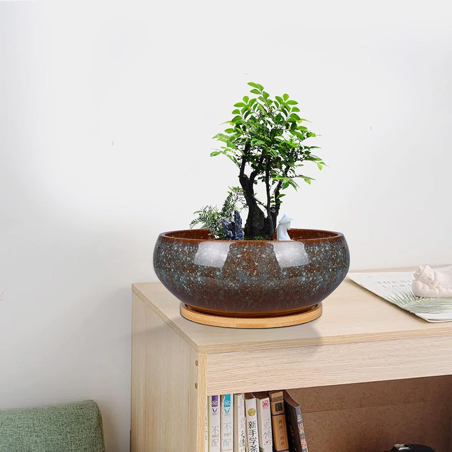 8 Inch Ceramic Bonsai Planter Pot, Glazed Shallow Succulent Planter with Drainage Hole and Bamboo Saucer for Indoor Plants, Green
