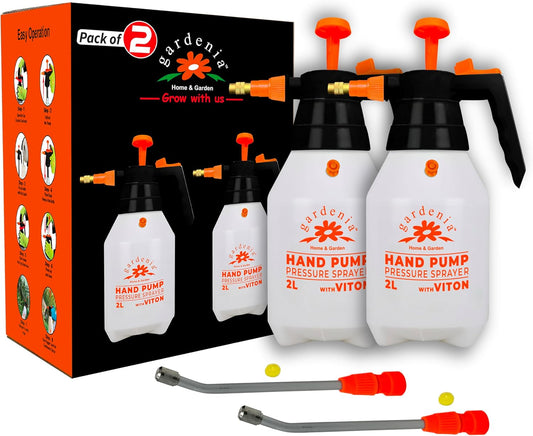 Handheld Pumping Sprayer Viton Seals Sprayers in Lawn and Garden, Spray Bottles for Cleaning Chemical Sprayer Continuous Spray Bottle for Plants 2 Pack 2L (0.53 Gal / 68oz)