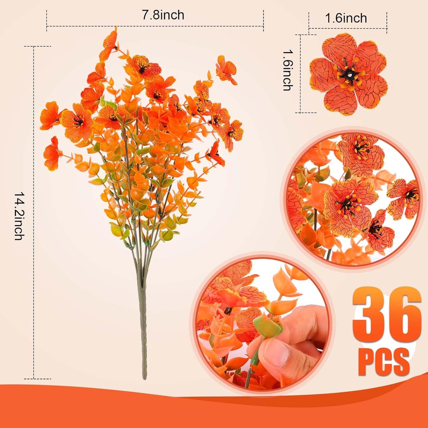 36 Pcs Artificial Mums Flowers Outdoor Plastic Fall Flowers Fake Mums Autumn Greenery Flower for Porch Window Box Farmhouse Thanksgiving Home Decor(36, Orange)