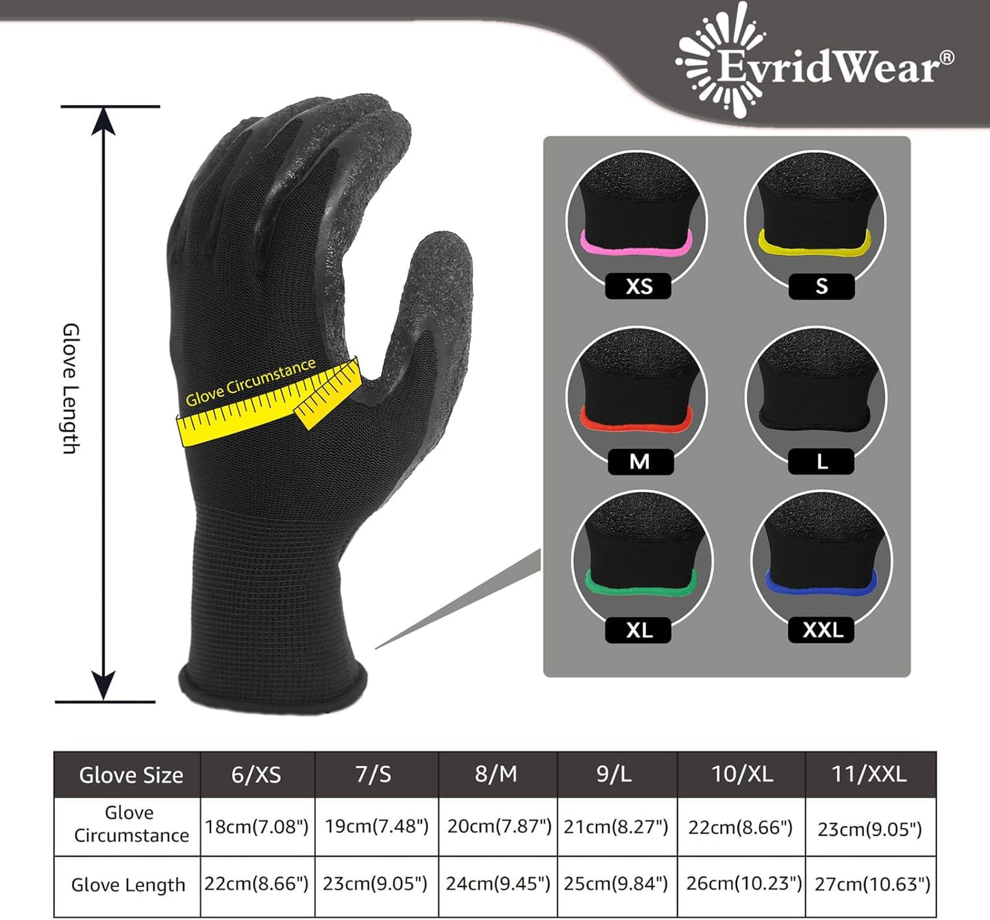 Evridwear Crinkle Latex Rubber Hand Coated Safety Work Gloves for Men Women General Multi Use Construction Warehouse Gardening Assembly Landscaping (XXL-Size) 12 Pairs Pack
