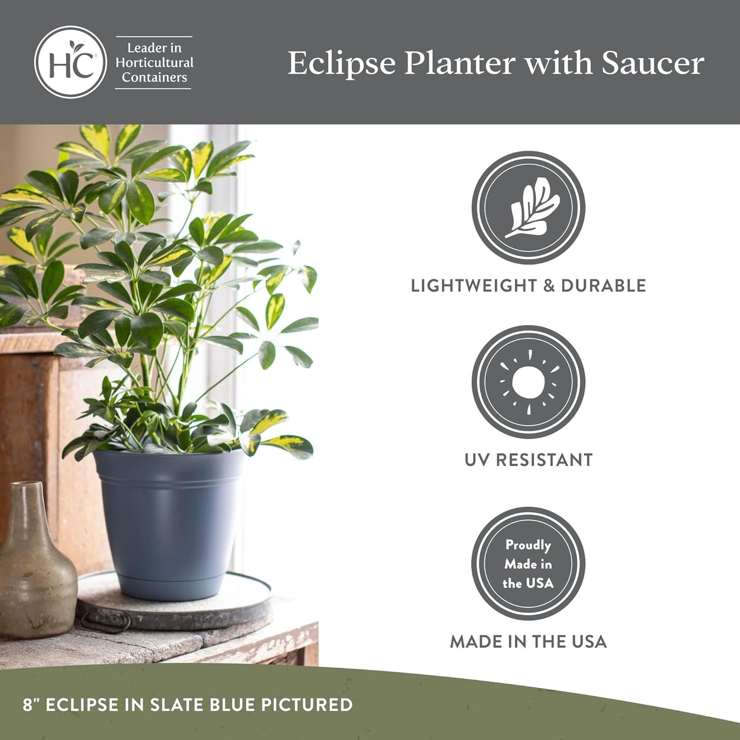 The HC Companies Eclipse Round Planter with Saucer - Outdoor & Indoor Plant Pot with Drainage Holes - Lightweight, UV-Resistant Plastic Pots for Plants, Flowers & Herbs (8" Slate Blue, Pack of 1)
