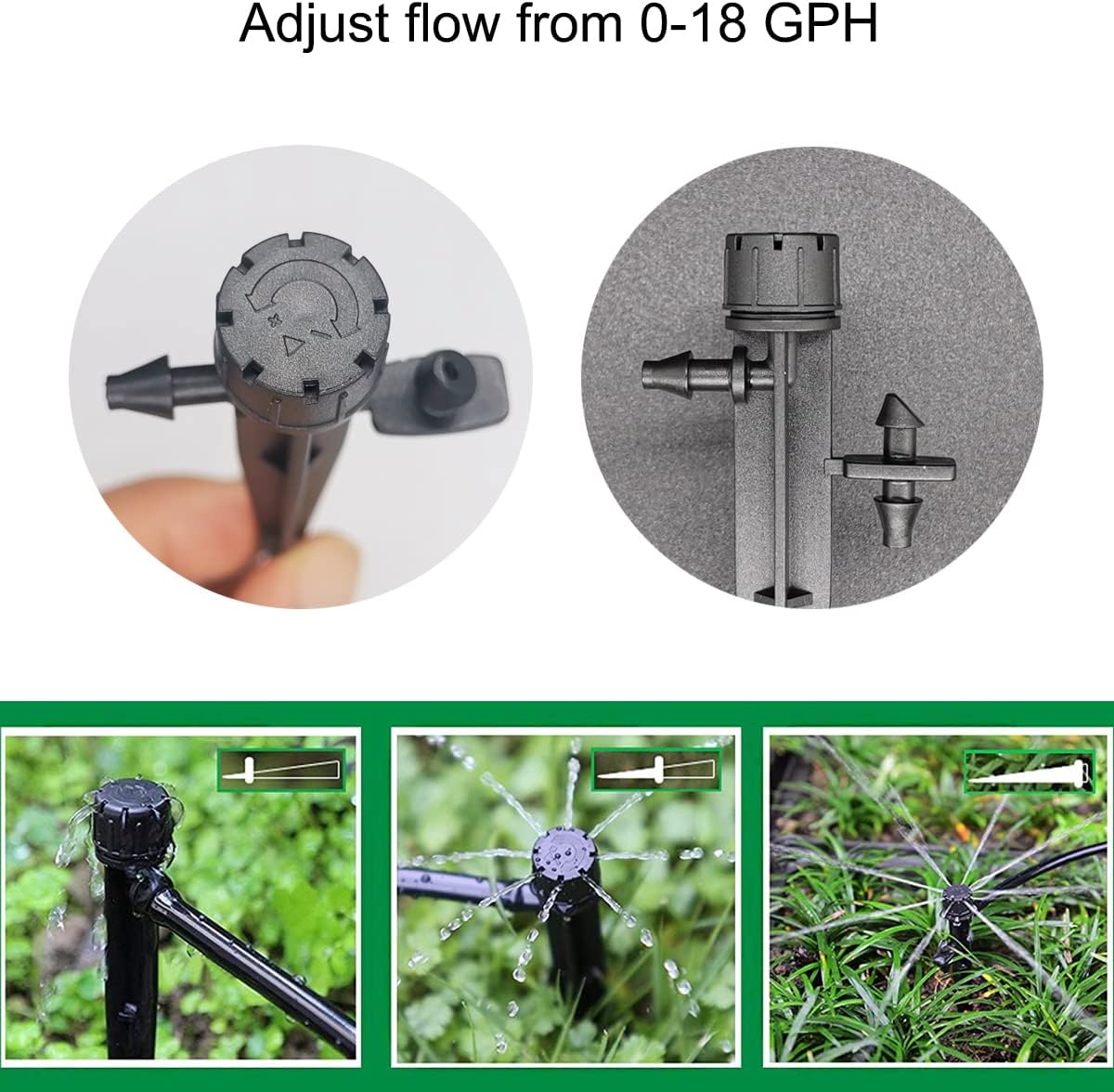 50 Pcs Drip Irrigation Emitters, Adjustable Flow 0-18 GPH Irrigation Drippers with Stake, 360 Degree Flow Sprinkler Head, Micro Sprinkler for Garden Patio Lawn Flower Bed