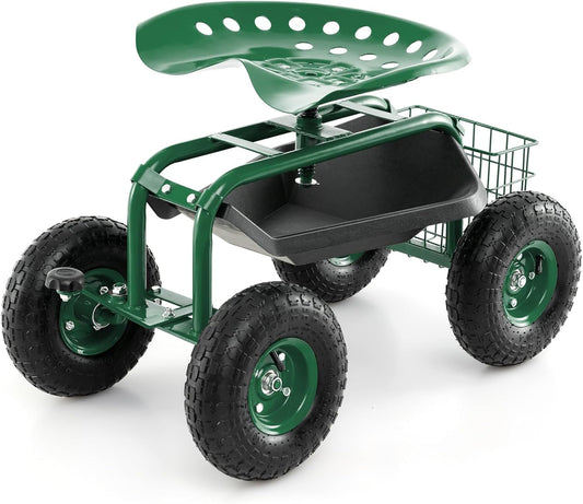 S AFSTAR Rolling Garden Cart, Wagon Scooter with 360° Swivel Seat, Storage Tray, Basket & Rubber Wheels, Heavy-Duty Gardening Tool Cart for Weeding, Patio & Yard (Green)