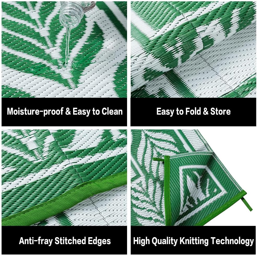 Outdoor Plastic Rug 6'x9' Waterproof Camping Carpet Outside Area Rug Reversible Green Rugs for RV Deck Entryance Porch Picnic Balcony Beach