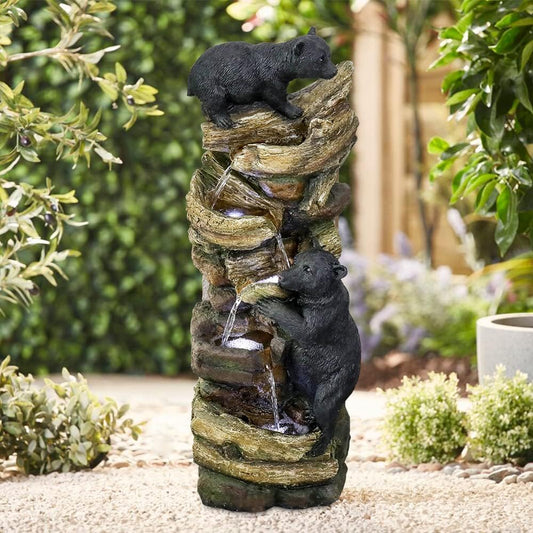 39.3 Inch 5 Tier Outdoor Garden Water Fountain Bears Climbing Tree Resin Fountain with LED Lights for Garden Patio Folding Patio Deck (Brown)