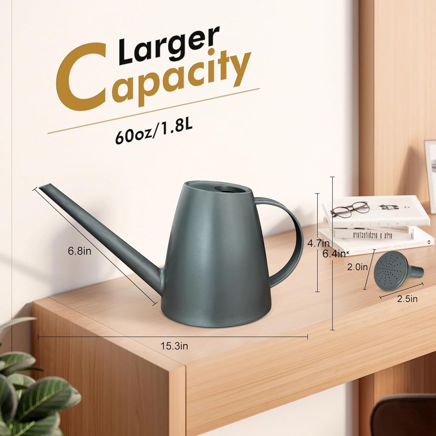 Watering Can for Indoor Outdoor Plants, Modern Small Watering Cans with Removable Nozzle, Long Spout Watering Can for Indoor Bonsai Plants Garden Flowers 1/2 Gallon 1.8L 60OZ (Gray)