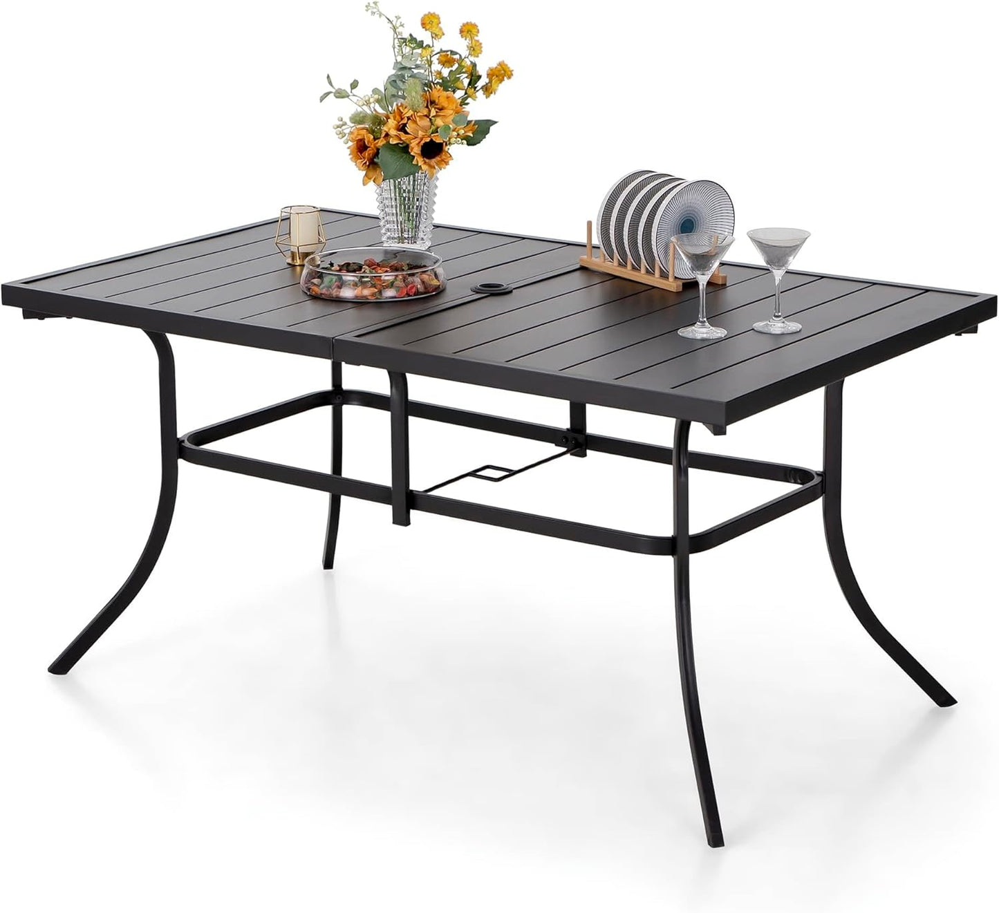 PHI VILLA 6-Person Outdoor Metal Steel Slat Dining Rectangle Table with Adjustable Umbrella Hole, Weather-Resistant for Patio Outdoor Use, Black