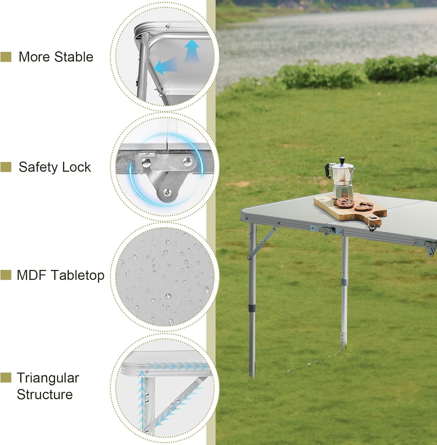 4.0 Ft Folding Portable Camping Table, Adjustable Height, Outdoor Waterproof Aluminum Lightweight Suitcase Table for Picnic, BBQ, Beach, Dining